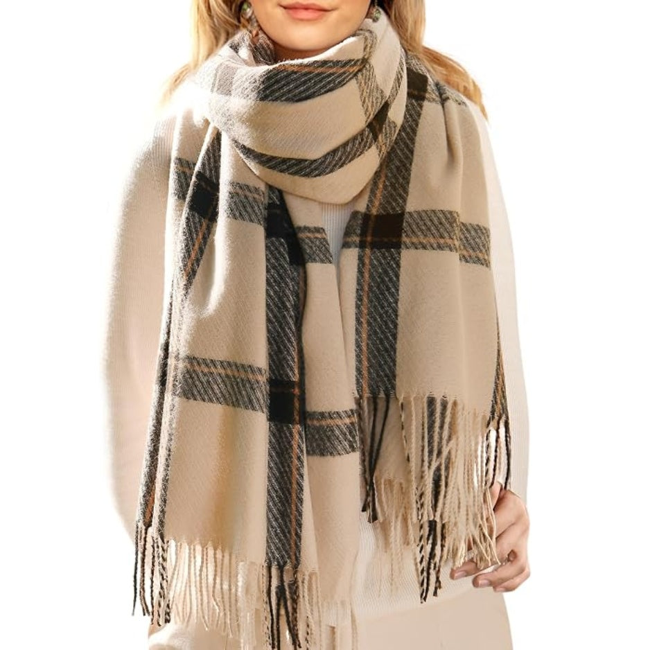 Plaid oversized scarf shawl in beige and dark gray with fringed ends