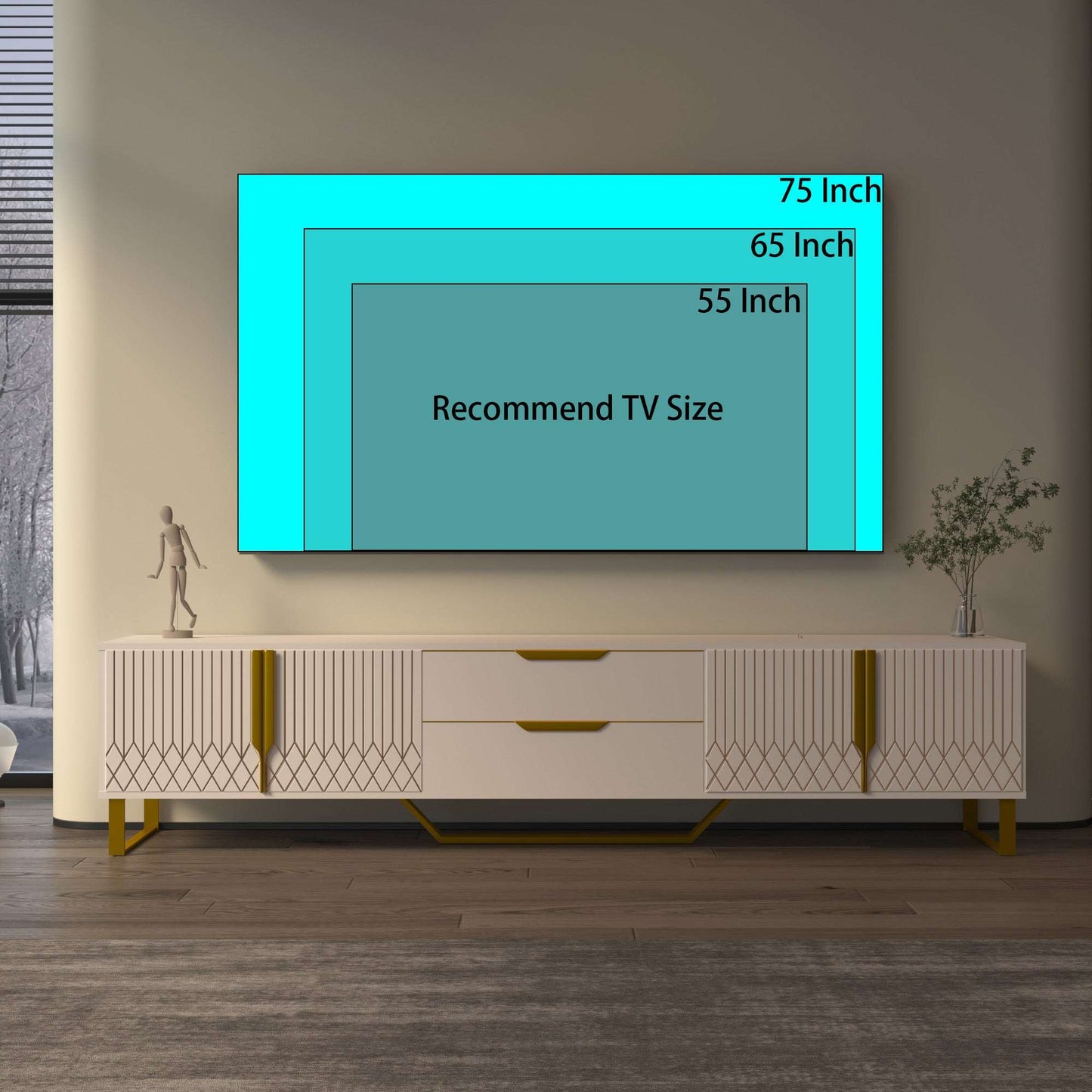 White TV console with diamond panel doors, central drawers, and gold metal legs