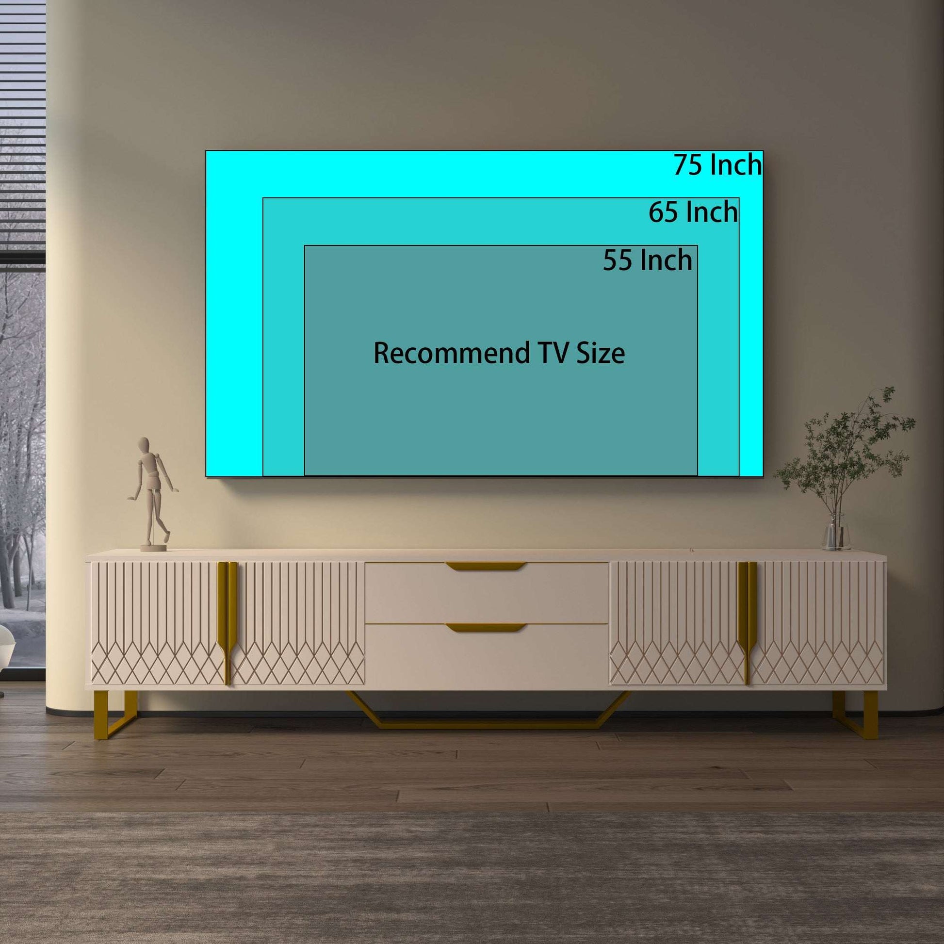 White TV console with diamond panel doors, central drawers, and gold metal legs