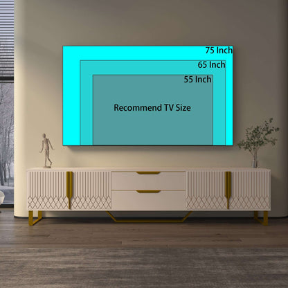 White TV console with diamond panel doors, central drawers, and gold metal legs