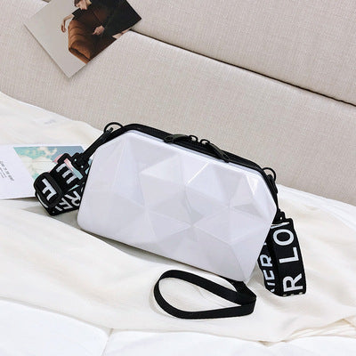 White geometric mini cosmetic bag with black strap and white lettering