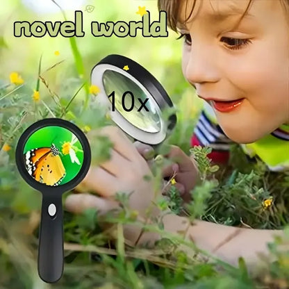 Black handheld magnifying glass with circular lens for close reading
