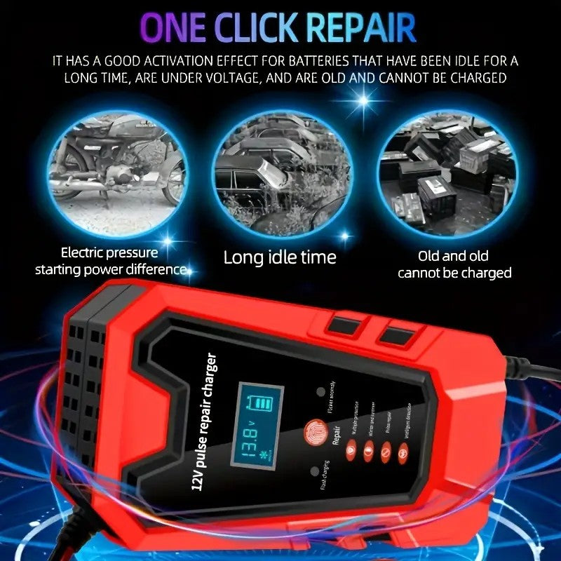 Smart 12V Car & Motorcycle Battery Charger | LCD Display Maintainer