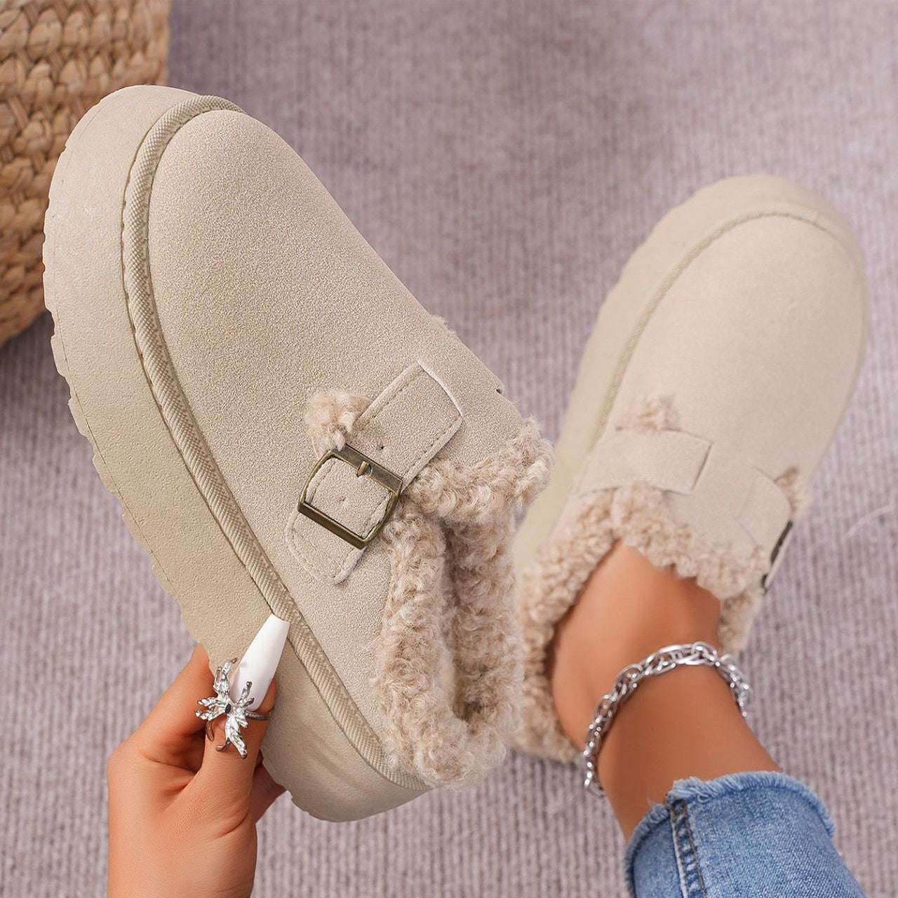 Fashion Thick-soled Plush Buckle Slippers – Warm Winter Shoes Fashion Thick-soled Plush Buckle Cotton | Ectron Online