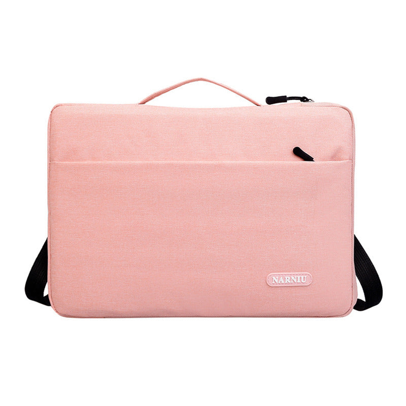 Pink laptop sleeve bag with top handle and front latch pocket