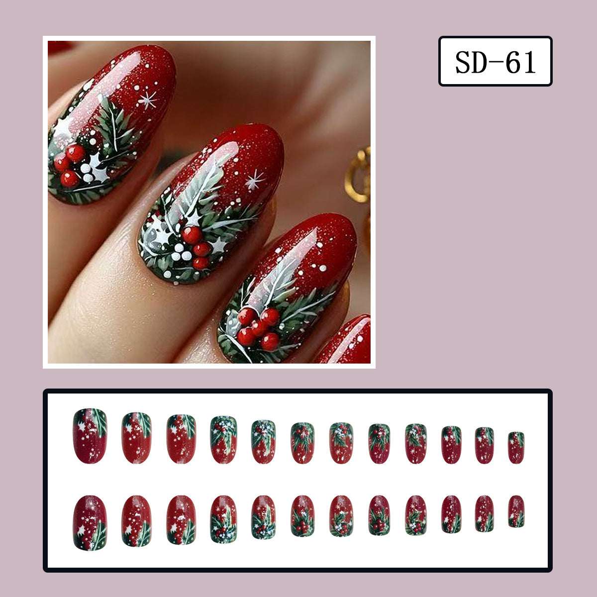 Christmas Flashing Red Short Oval Christmas Tree Fruit Pattern Design Wearable Nails