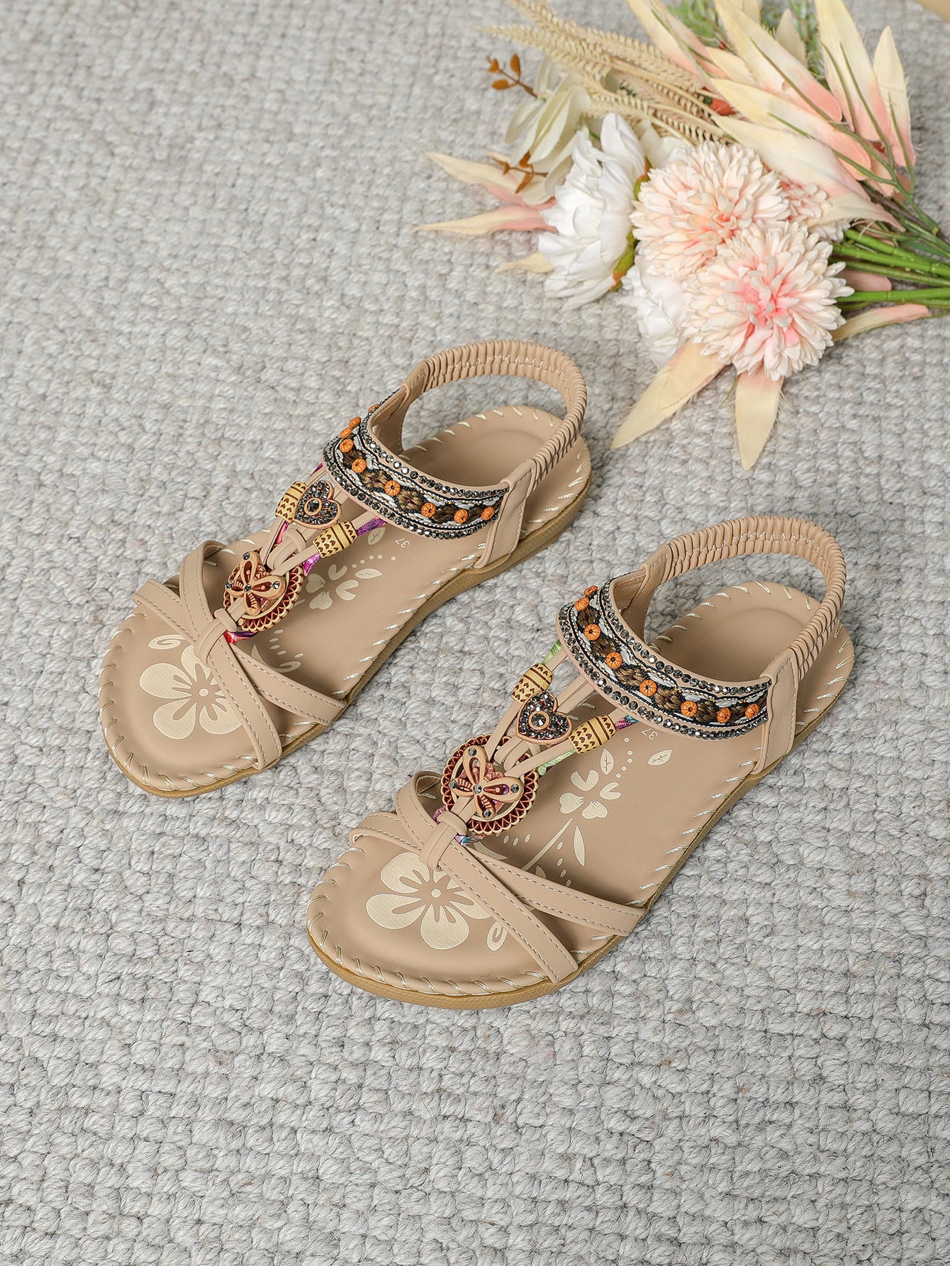 Women’s Large Size Flat Flower Rhinestone Sandals Women's Large Size Flat Bottom Flower Rh | Ectron Online