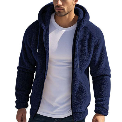 Dark navy sherpa fleece zip hoodie with two front pockets