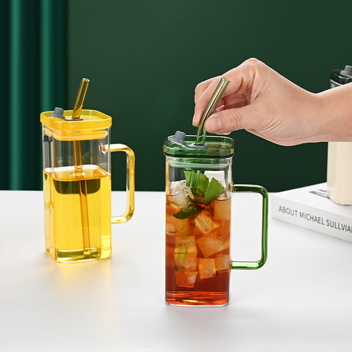 6-Piece Square Glass Cup Set with Straws & Lids | 6 Vibrant Colors