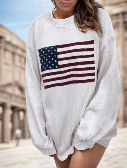 Women's USA Flag Drop Shoulder Sweater | Retro Long Sleeve Top Usa Flag Design Drop Shoulder Sweater,Lo | Ectron Online