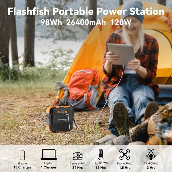Flashfish 120W Portable Power Station | 98Wh Solar Generator Backup