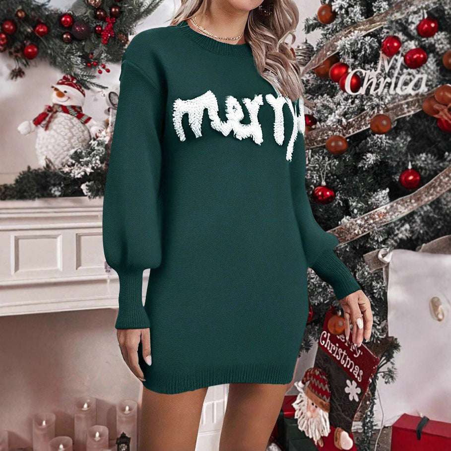 Women's Knitted Sheath Dress Women's Knitted Round Neck Lantern Sleev | Ectron Online