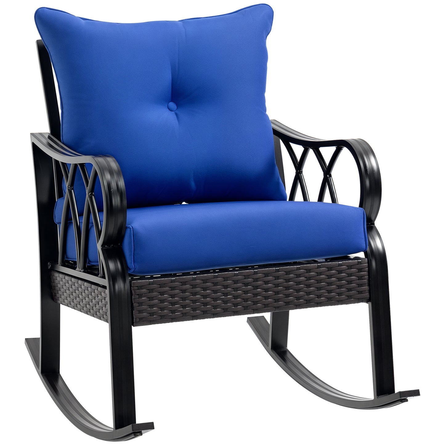 Outdoor Wicker Rocking Chair with Blue Cushions - Aluminum Rocker