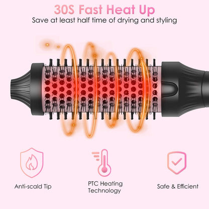 Black hot air styling brush illustration showing heated barrel and anti-scald tip