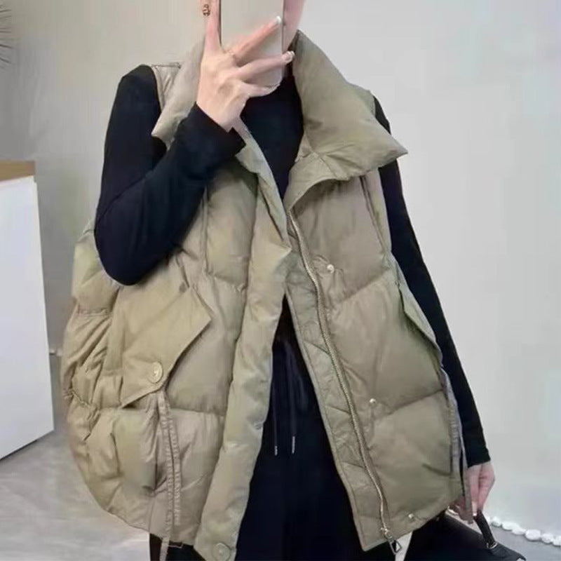 Olive-khaki down sleeveless vest with hood, snap front, flap pockets and side ties