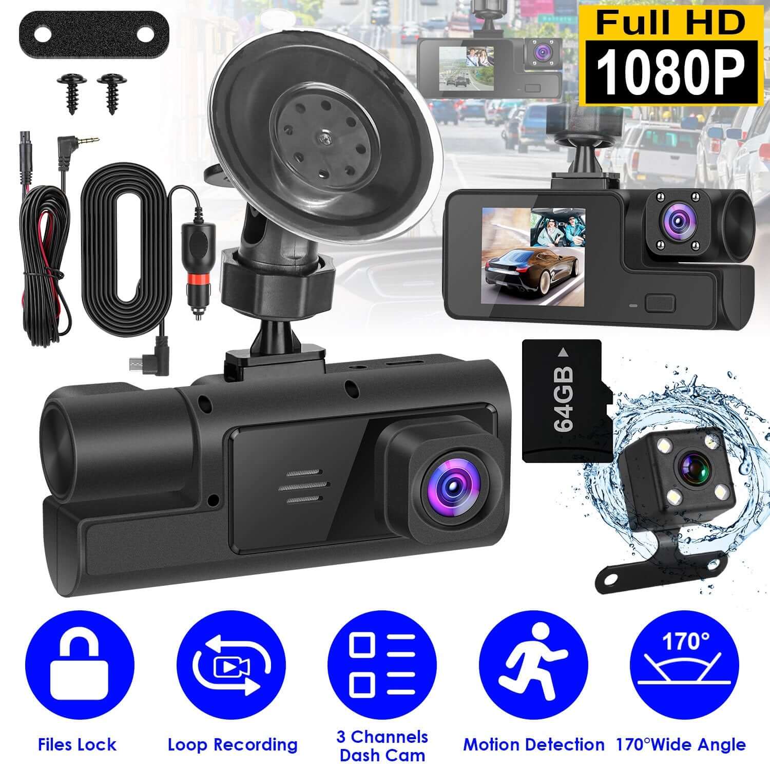 3-Channel WiFi Dash Cam - 1080P Front 1Pc WiFi FHD 1080P Car Dash Cam 3 Channe | Ectron Online