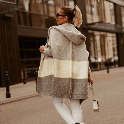 Color Matching Hooded Knit Cardigan Coat Women's Long Sleeve