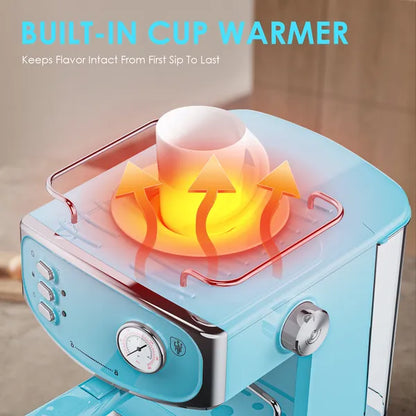 Cup warmer on top of 20 bar espresso machine, light blue with frothing spout