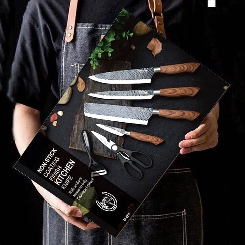 Kitchen knife set gift box with wood-handled knives and black scissors