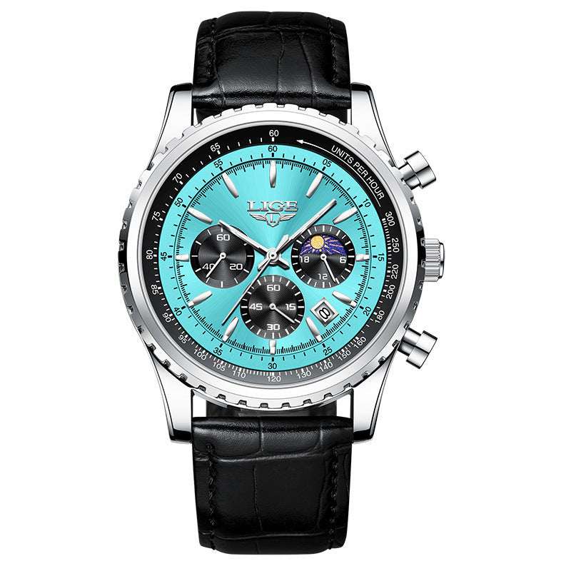 Silver multifunction waterproof watch with turquoise dial and black leather strap