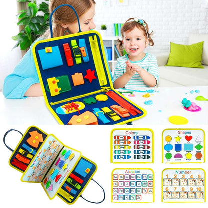 Children's educational toy with colorful shapes and learning charts, used by two children.