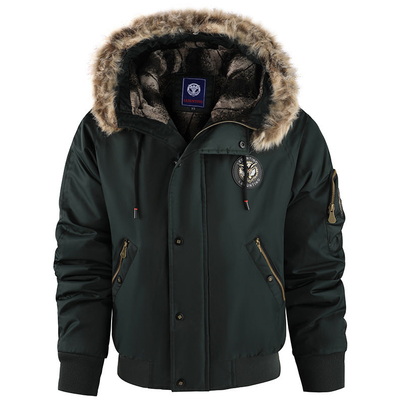 Men's padded winter coat in dark green with faux-fur hood trim and front pockets