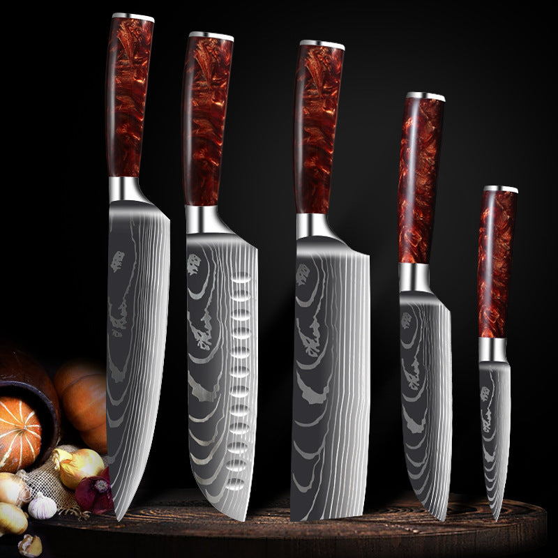 Premium Cutlery | Damascus Steel | with Red Resin Handles Kitchen Knives Set | Ectron Online