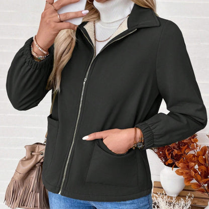 Women’s Fleece Zip-Up Jacket | Warm Lapel Collar Winter Coat Women's Solid Color Fleece Jacket, Lapel | Ectron Online