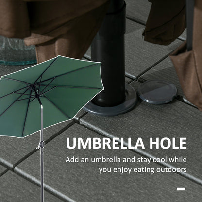 Dark gray patio table surface with umbrella hole opening and close view of chair seating