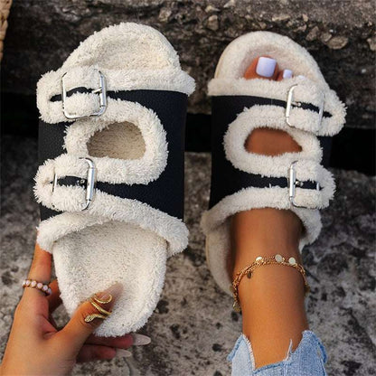 Autumn Winter Buckle Lamb Wool Slippers – Women’s Thick Sole Autumn Winter Slipper Thick Sole Buckle | Ectron Online