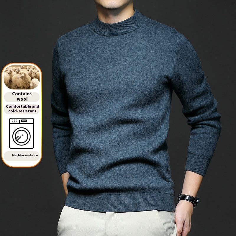 Men's worsted knit sweater, crew neck, long sleeves, dark blue-green