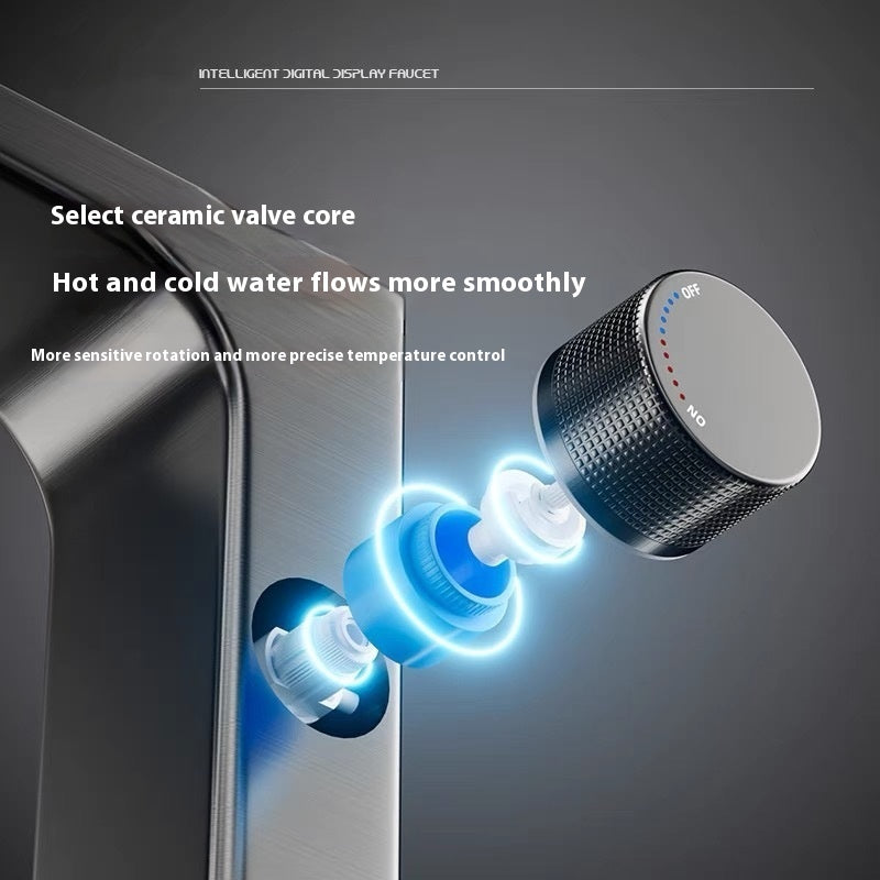 Faucet with ceramic valve core and text highlighting features on a dark background