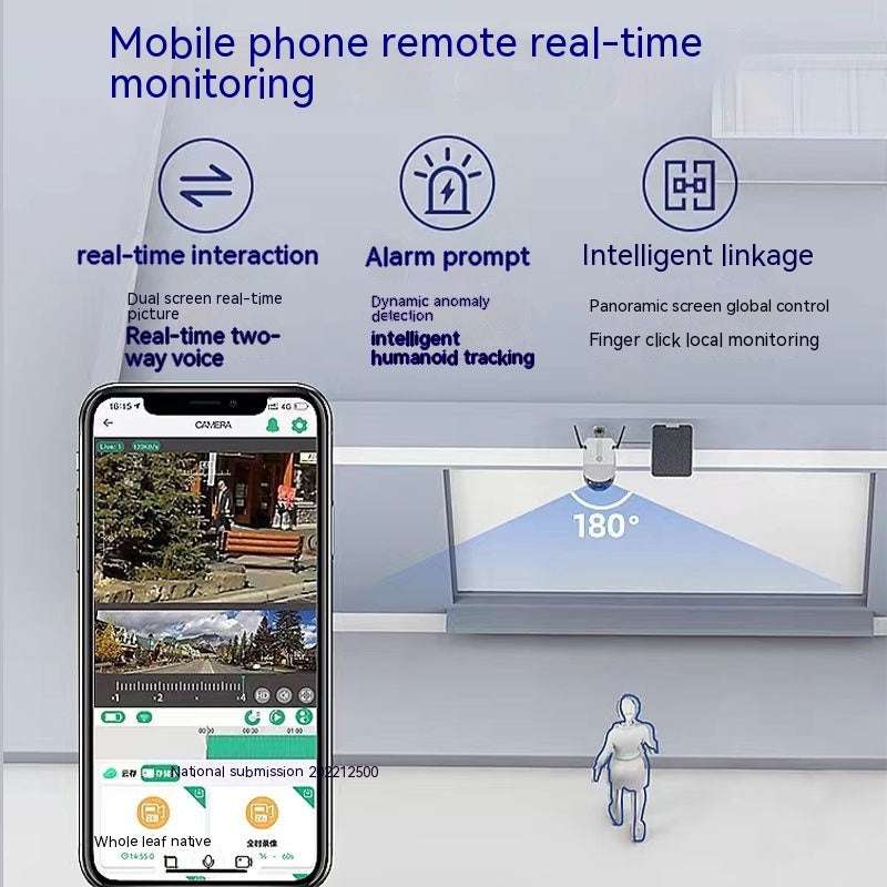 Smartphone displaying a security monitoring app with a robot in the background, labeled 'Mobile phone remote real-time monitoring'.