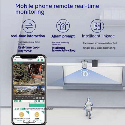 Smartphone displaying a security monitoring app with a robot in the background, labeled 'Mobile phone remote real-time monitoring'.