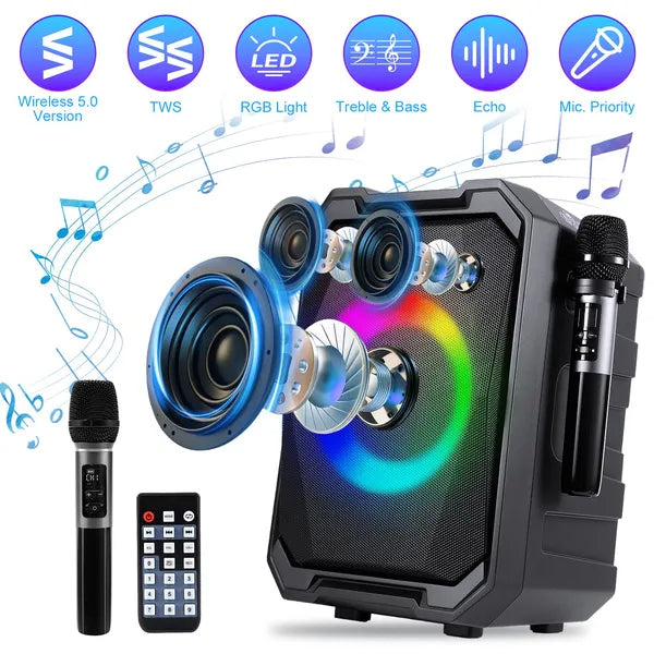 Wireless Party Speaker with 2 Mics | TWS Bass & LED Bluetooth Speaker