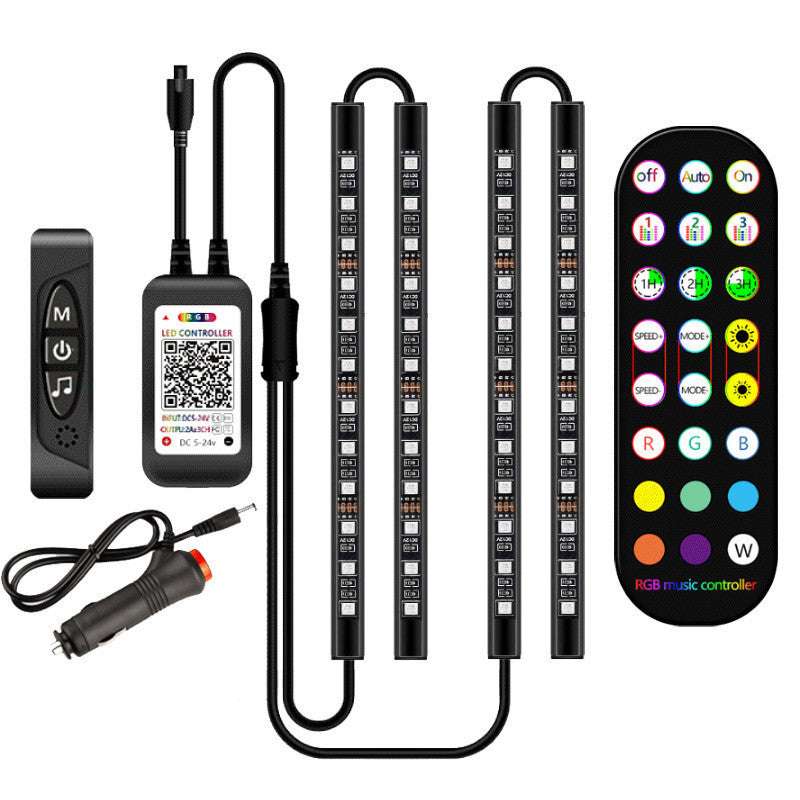 LED strip lights with remote control and power adapter on a white background