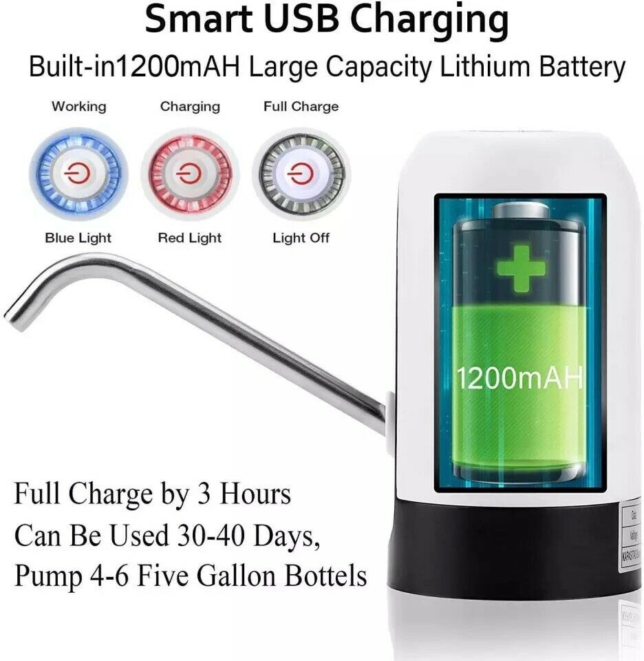 Electric water bottle dispenser showing charging indicator with blue light