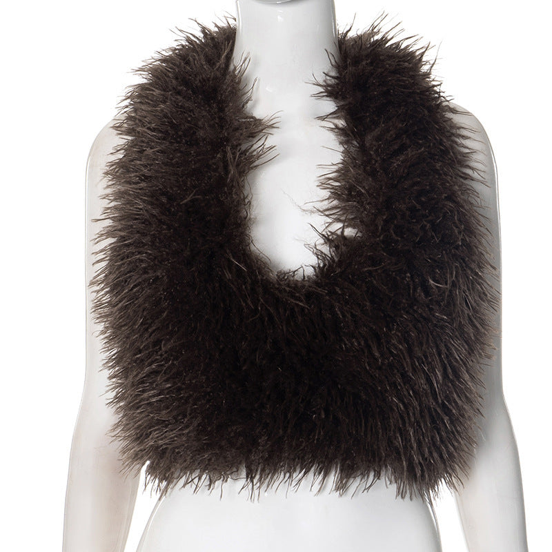 Vest Fashion Bare Back Fur Collar Halter Top