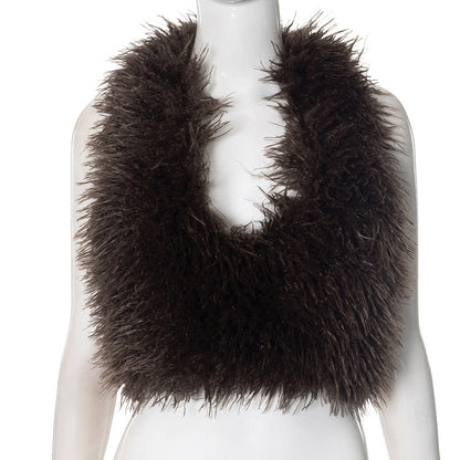 Vest Fashion Bare Back Fur Collar Halter Top