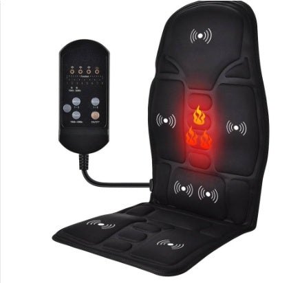 Black massage chair pad with remote control on a white background
