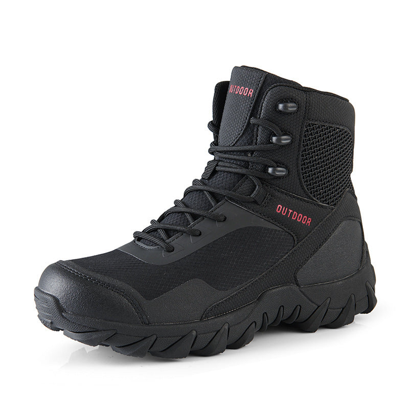 Black tactical combat boots with lace-up closure, padded collar, and rugged outsole