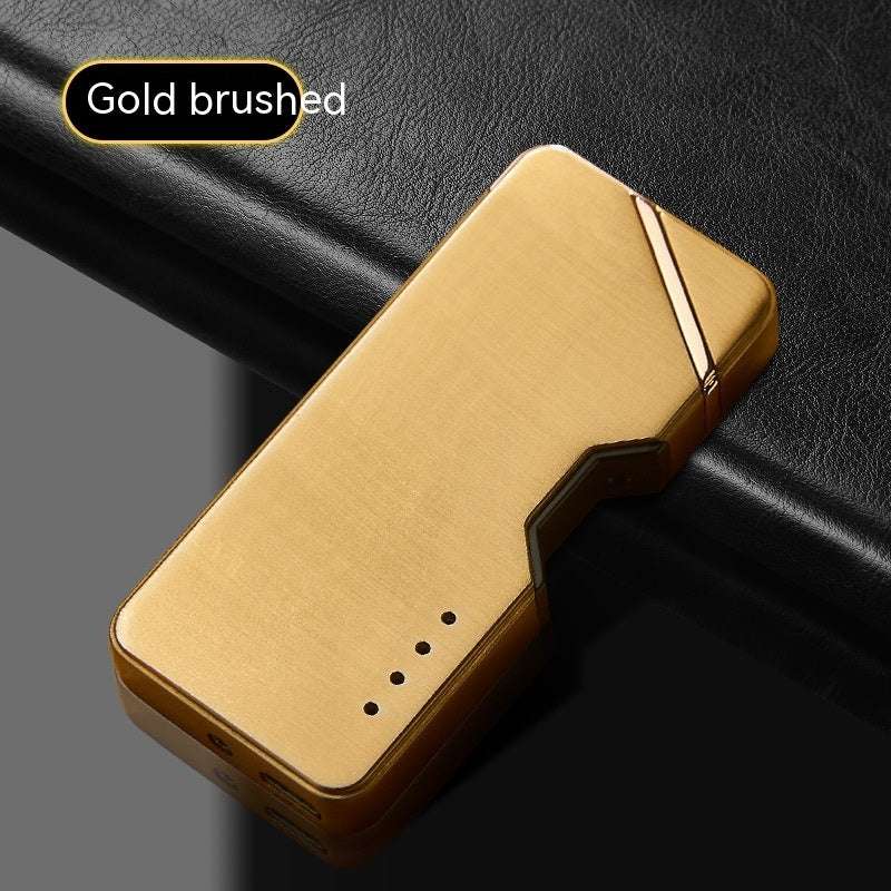 Metal double-arc lighter, gold brushed finish with open top and orange trim