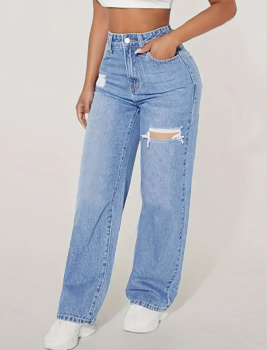 Women's European Style Distressed Jeans | Washed Hole Denim Pants European And American Ladies Washed Hole | Ectron Online