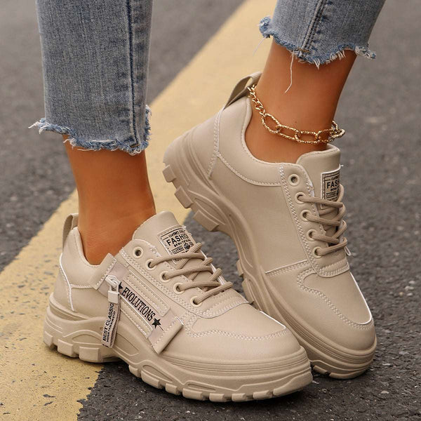 Women’s Lace-Up Sports Shoes – Side Zipper & Thick Sole Design