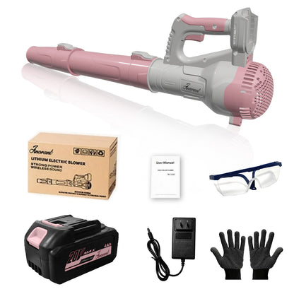 Cordless leaf blower kit, pink and gray handheld blower with battery, charger, gloves