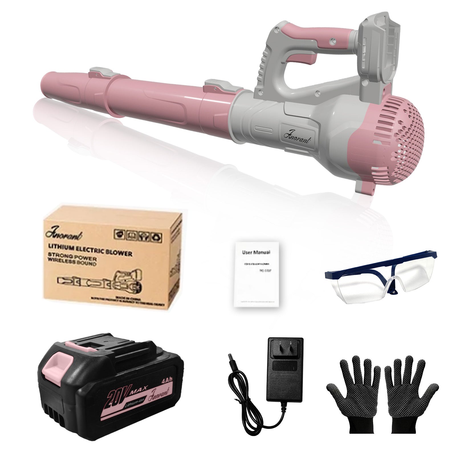 Cordless leaf blower kit, pink and gray blower with battery and accessories, gloves