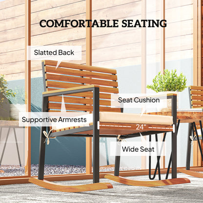 Outdoor rocking chair with slatted back, supportive armrests, cream seat cushion