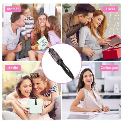 Black hot air styling brush with rose-gold bristles, plus accessories shown around