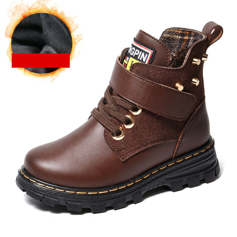 Brown leather boot with gold accents on a white background