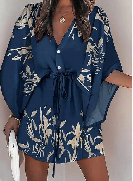Women’s Botanical Print Batwing Sleeve Dress – Breezy & Bold Women's Printed Batwing Sleeve Dress Wit | Ectron Online